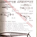 This is page 111 of the J.T. Lloyd Co. Spring 1963 wholesale catalog. They were located in Little Rock, Arkansas. They say they all items listed in the catalog are ready for immediate shipment. They list the F-100 Devels Horse, F-200 Devels Horse, B-1000 Devels Warhorse, F-700 Devels Horse Dancer, S-300 Race Horse, A-700 Devils Horse Rooter, C-200 Devils Horse (Muskie Size). The C-200 was stocked in only one color, No. 9 Yellow Perch. All the other lures were stocked in all 17 colors. Color No. 19 is listed as Blue Striper. We have never seen this color in the color charts before. Also note the the listings refer to "Devels" and "Devils". 1962 or 1963 1963 must have been the year they changed the name.